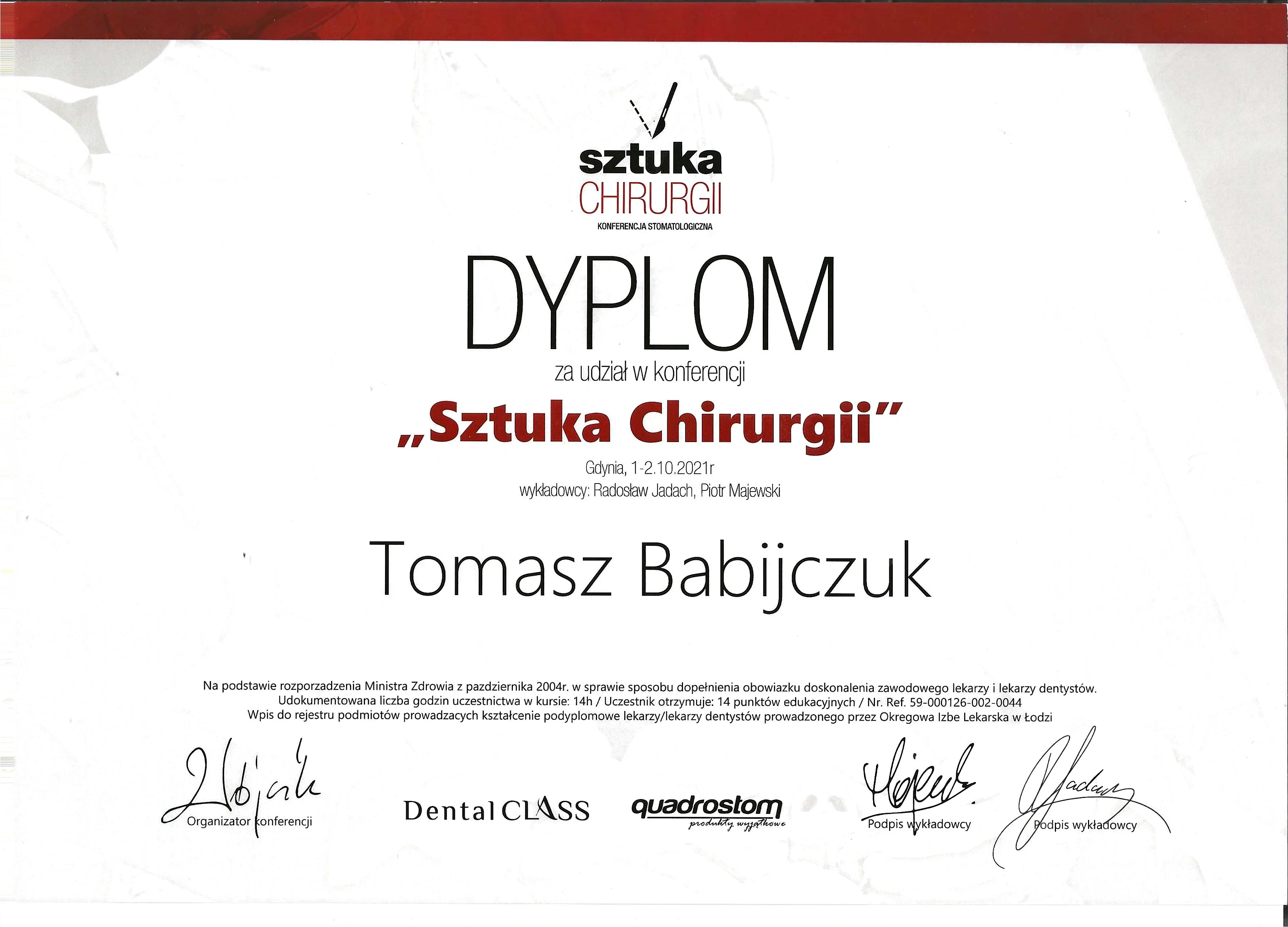 Certyfikat Chirurgia Stomatologiczna - Tomasz Babijczuk